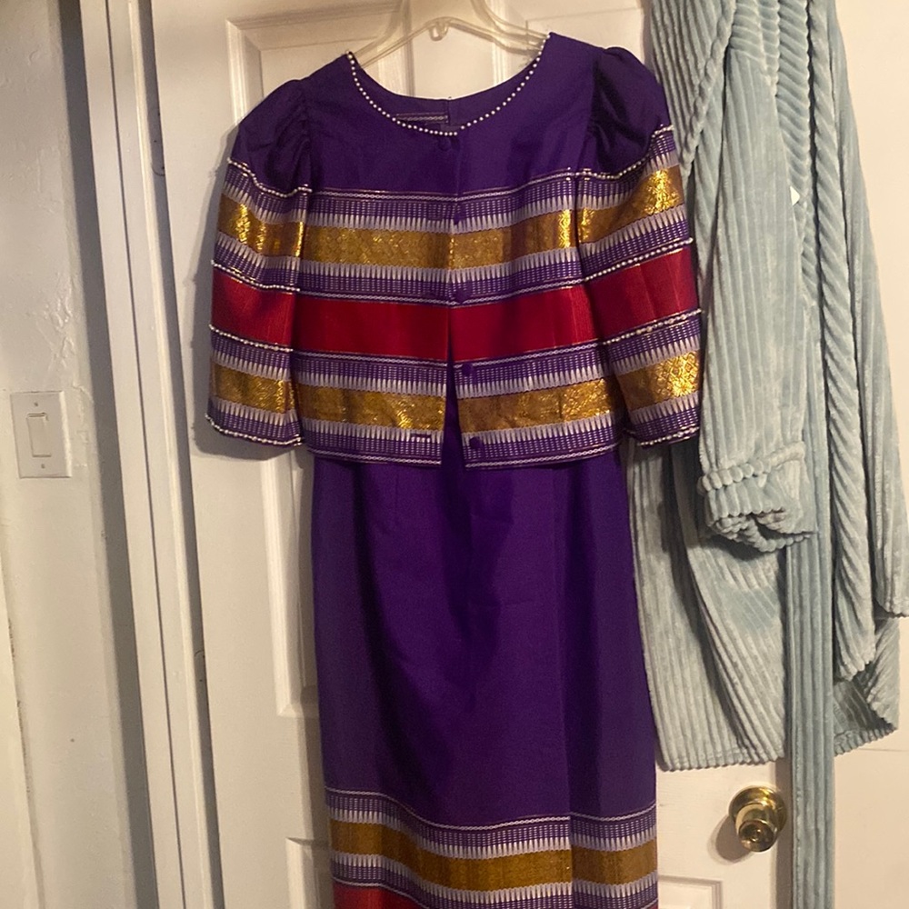 Dress, long purple gold, white, burgundy